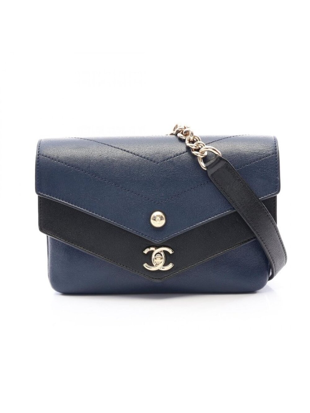 Chanel Shoulder Bag Chevron V-stitch Navy Black Leather Double Flap Mini Chain
